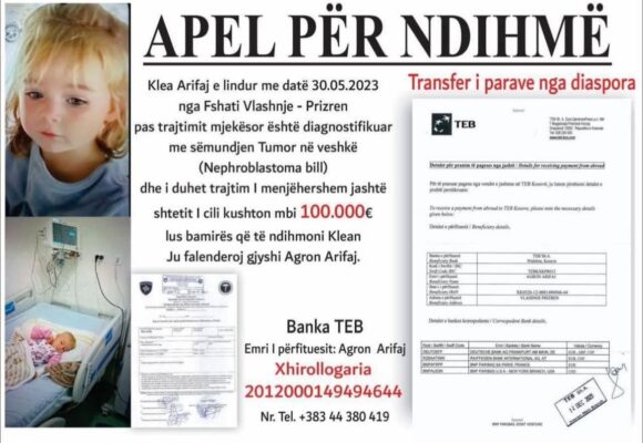 Klea e vogël ka nevojë për ndihmën tuaj, i duhen 100 mijë euro për t’u shëruar